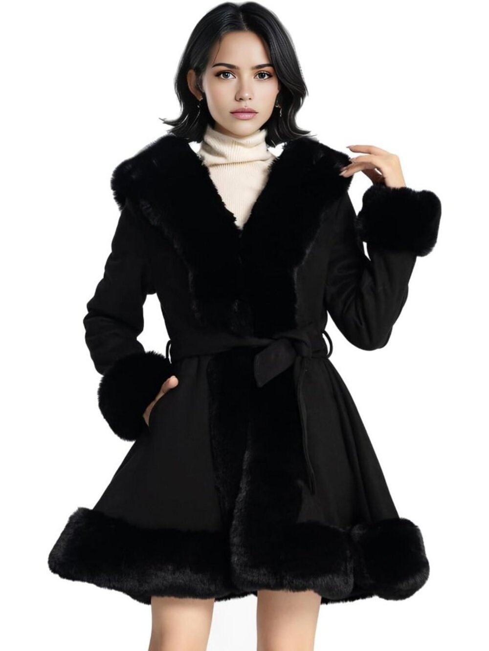 Cozy Winter Faux Fur Jacket for Women | Long Sleeve Peplum Parka with Belt